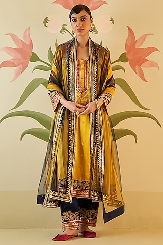 Mustard Yellow Satin Gota Patti & Applique Embroidered Choga Kurta Set by Angad Singh