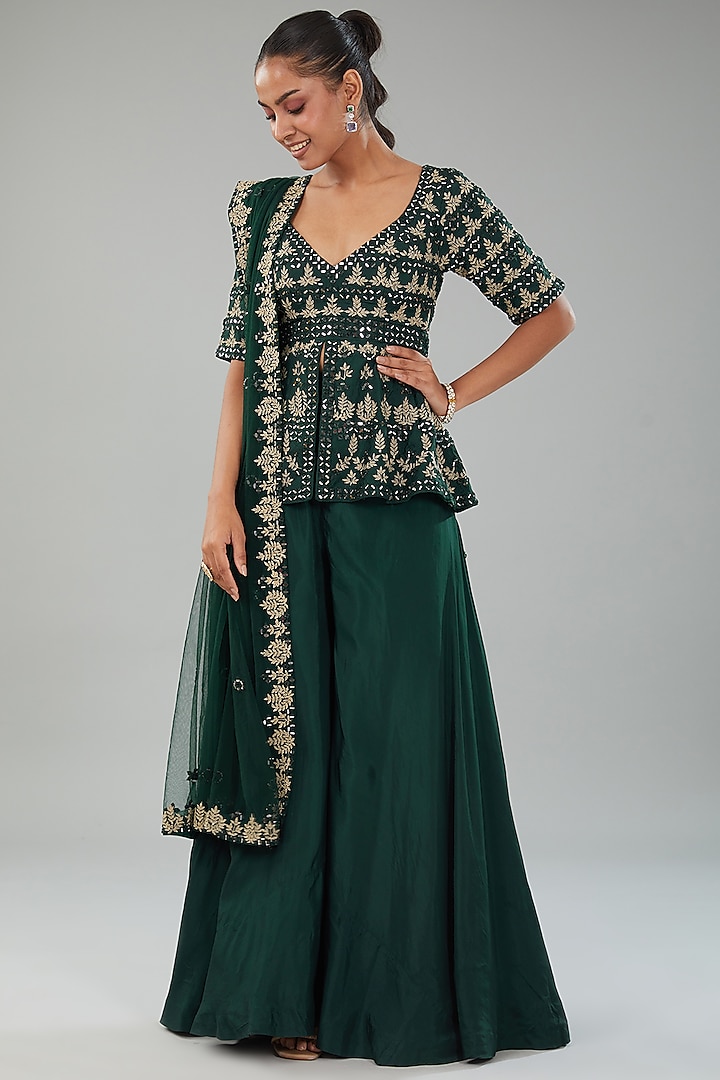 Emerald Green Silk Sharara Set by Angad Singh at Pernia's Pop Up Shop