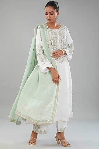 Ivory Silk Thread Embroidered Choga Kurta Set by Angad Singh