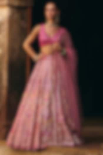 Deep Rose Pink Organza Mirror Embroidered Wedding Lehenga Set by Angad Singh at Pernia's Pop Up Shop
