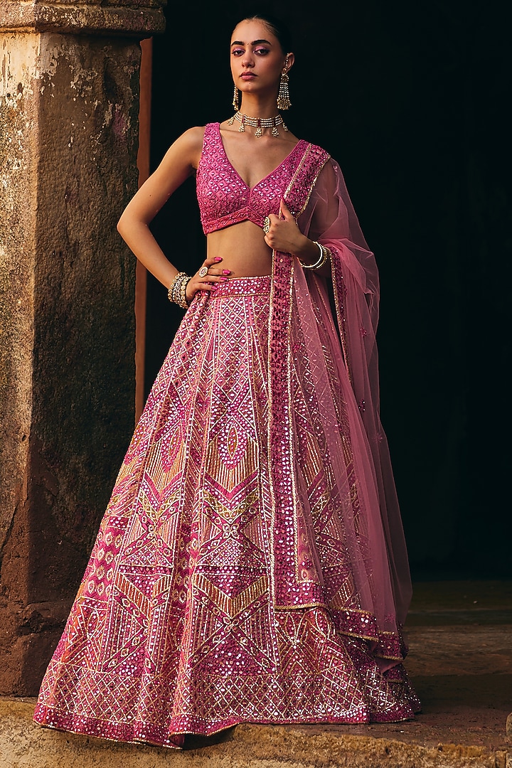 Deep Rose Pink Organza Mirror Embroidered Wedding Lehenga Set by Angad Singh at Pernia's Pop Up Shop