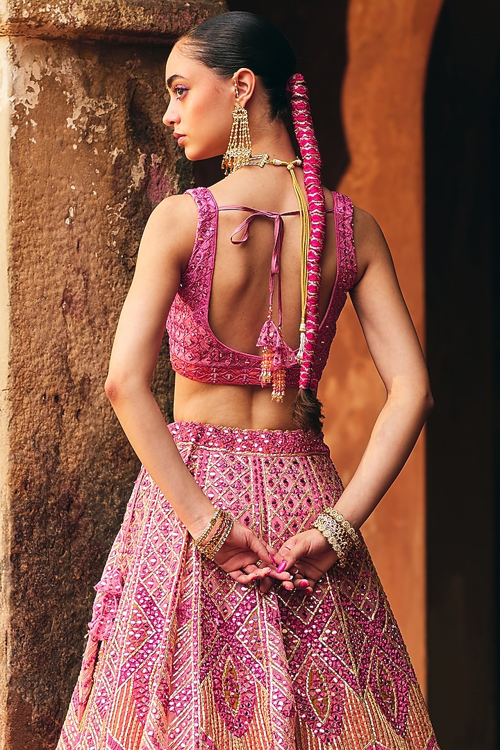 Deep Rose Pink Organza Mirror Embroidered Wedding Lehenga Set by Angad Singh at Pernia's Pop Up Shop