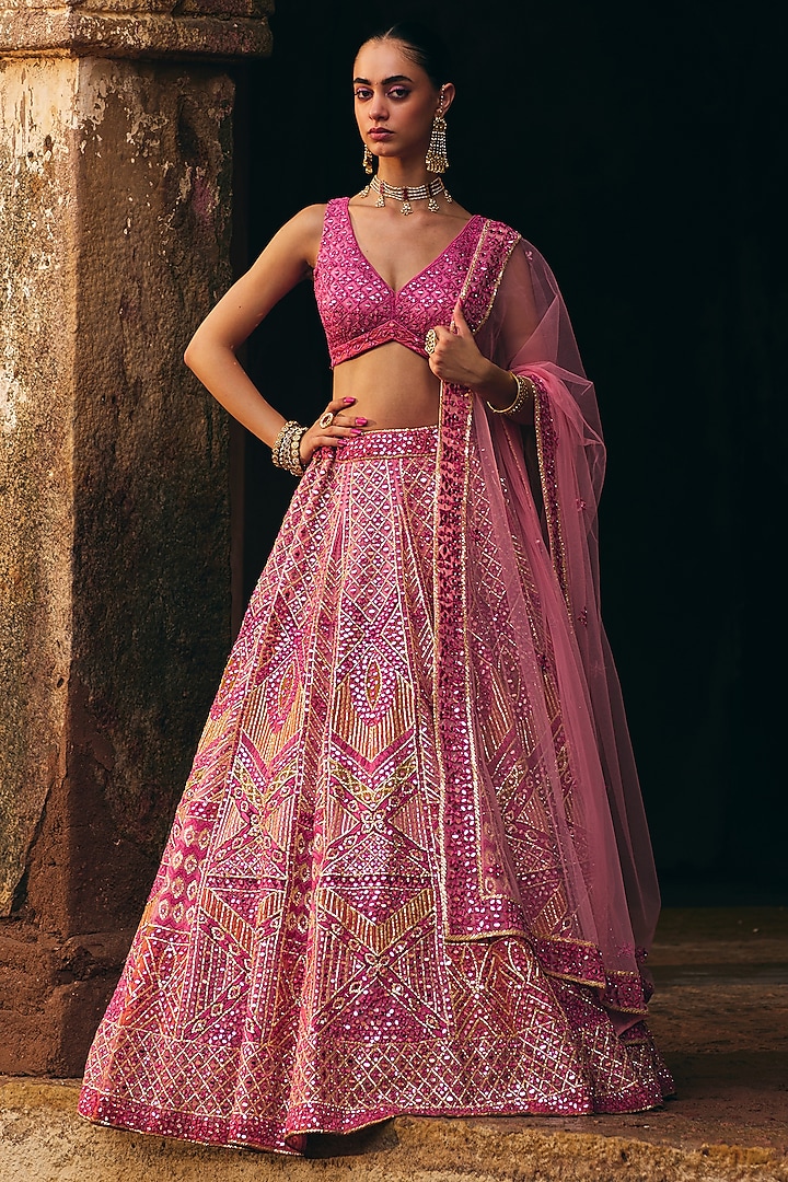 Deep Rose Pink Organza Mirror Embroidered Wedding Lehenga Set by Angad Singh at Pernia's Pop Up Shop