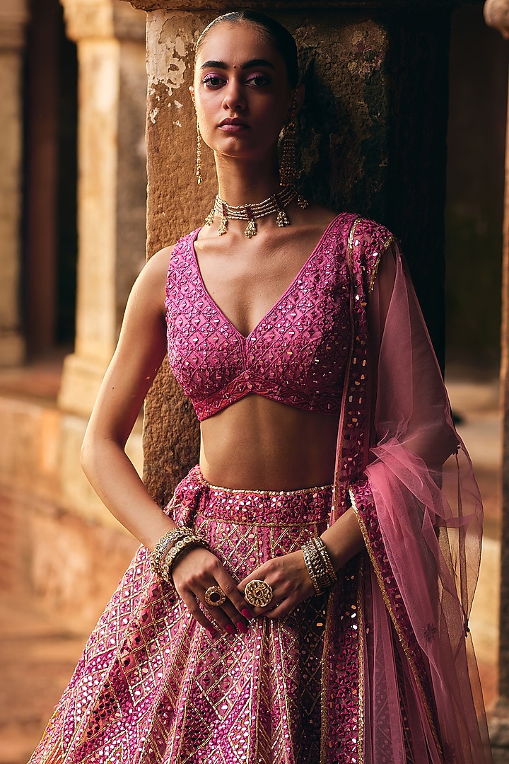 Deep Rose Pink Organza Mirror Embroidered Wedding Lehenga Set by Angad Singh at Pernia's Pop Up Shop