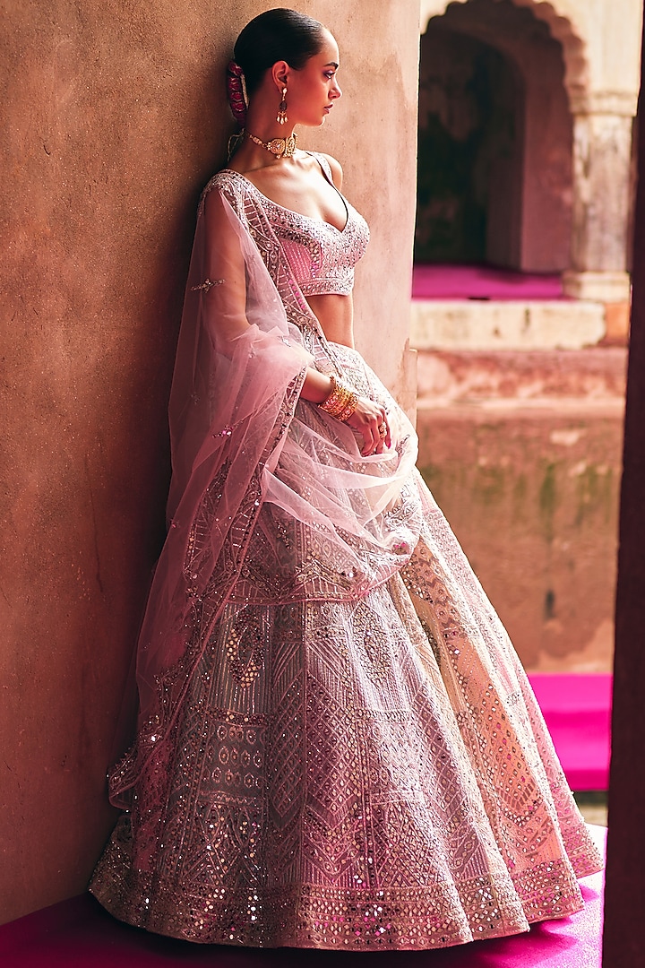 Multi-Colored Raw Silk Mirror Embroidered Wedding Lehenga Set by Angad Singh at Pernia's Pop Up Shop