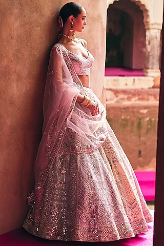 Multi-Colored Raw Silk Mirror Embroidered Lehenga Set by Angad Singh