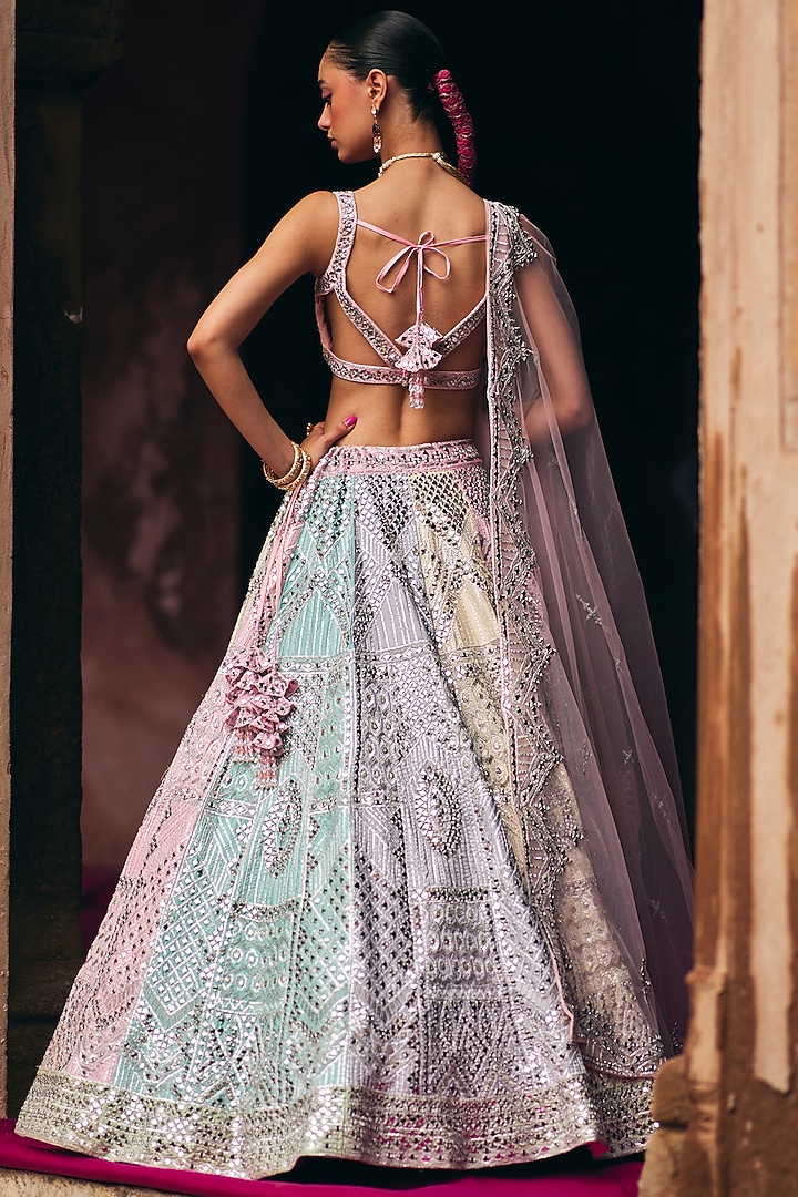 Multi-Colored Raw Silk Mirror Embroidered Wedding Lehenga Set by Angad Singh at Pernia's Pop Up Shop
