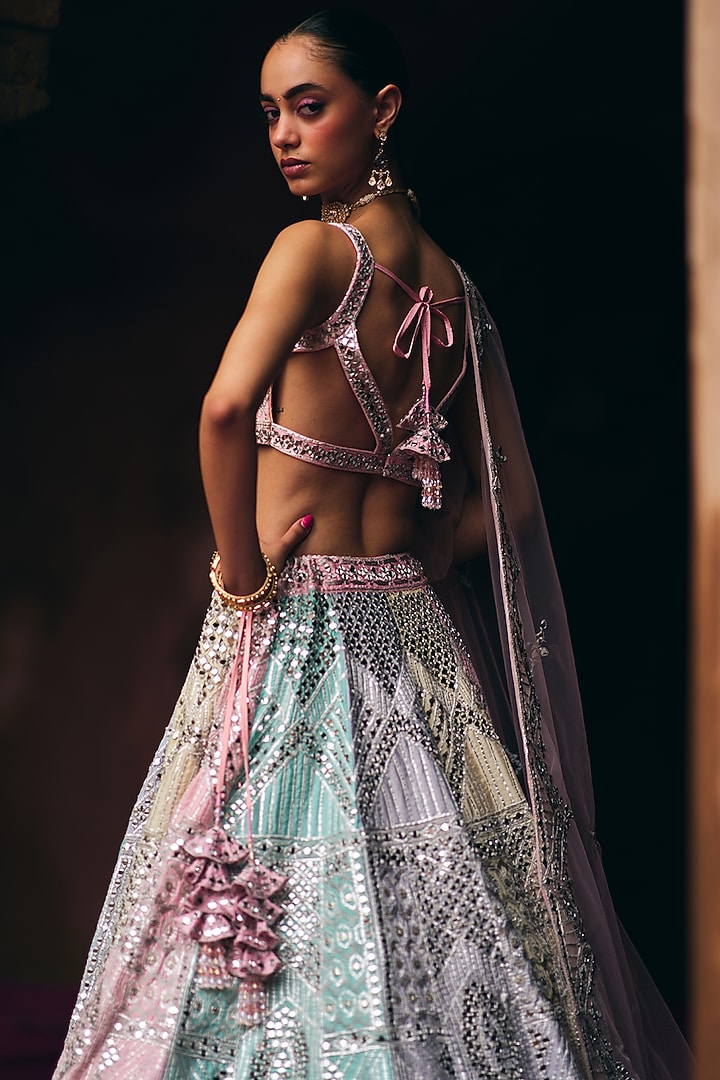 Multi-Colored Raw Silk Mirror Embroidered Wedding Lehenga Set by Angad Singh at Pernia's Pop Up Shop