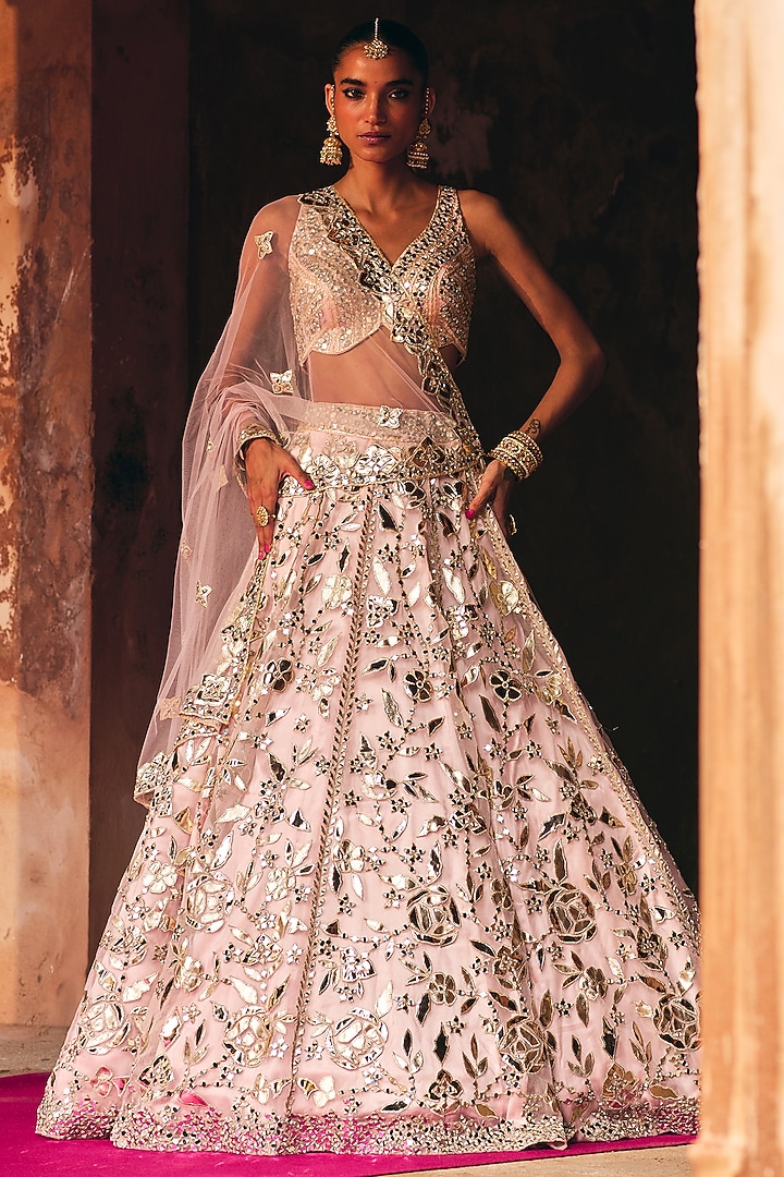 Blush Pink Organza Mirror Embroidered Wedding Lehenga Set by Angad Singh at Pernia's Pop Up Shop