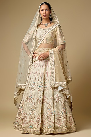 chinese dress ladies Nesavu Dress Lacha Girls Beige Kora Silk Cotton Lehenga Choli Peacock  Embroidery Dupatta – The Nesavu main image 0