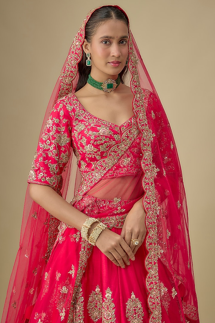 Red Raw Silk Bridal Lehenga Set by Angad Singh at Pernia's Pop Up Shop