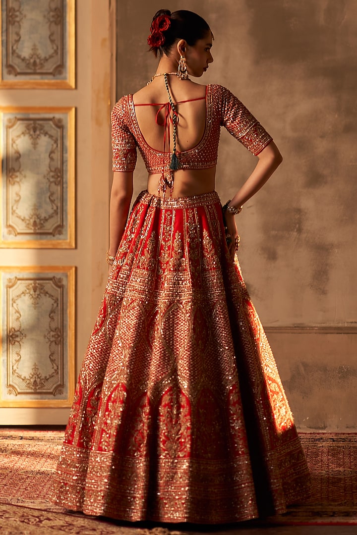 Red Raw Silk Embroidered Bridal Lehenga Set by Angad Singh at Pernia's Pop Up Shop