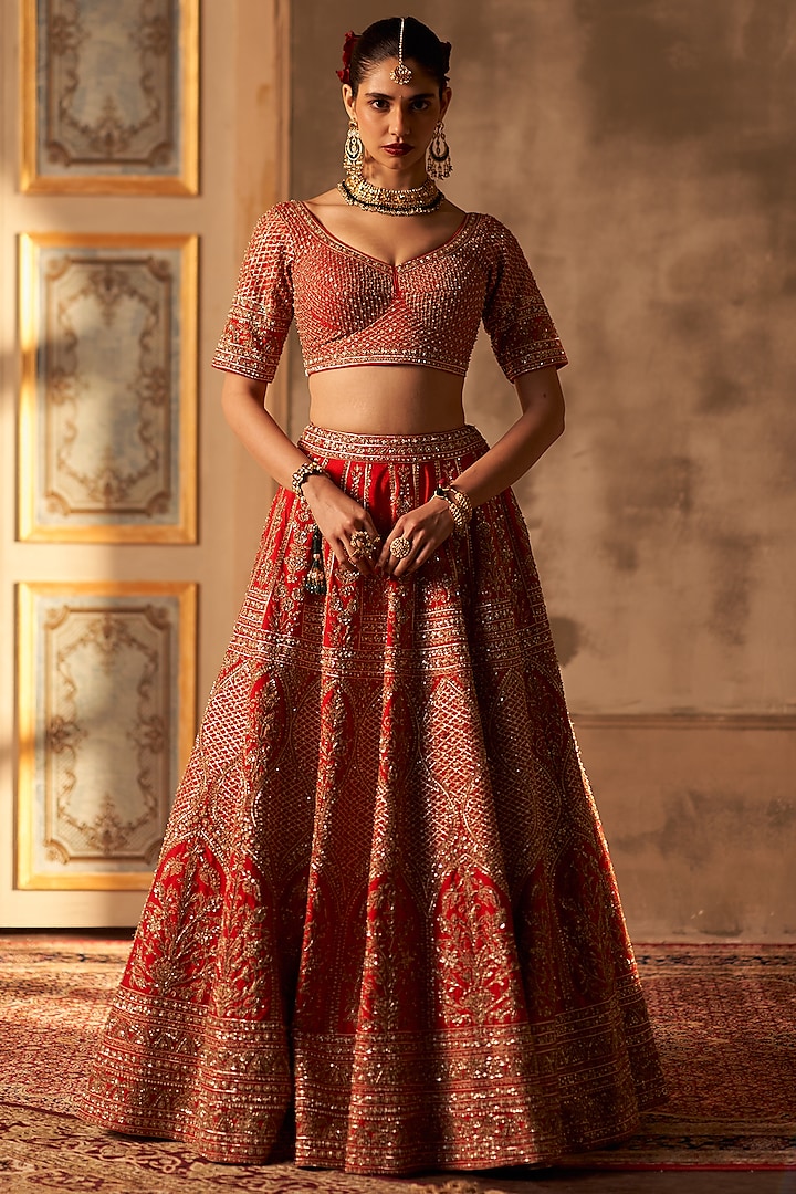 Red Raw Silk Embroidered Bridal Lehenga Set by Angad Singh at Pernia's Pop Up Shop