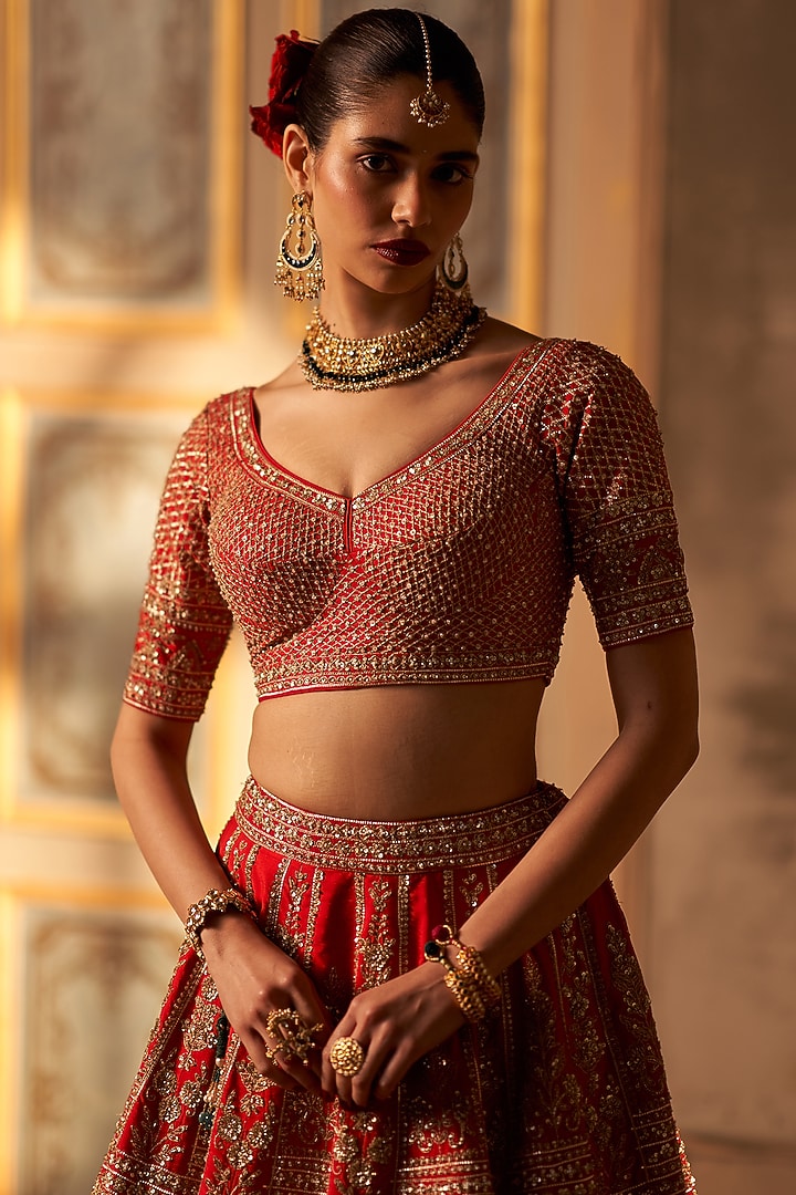 Red Raw Silk Embroidered Bridal Lehenga Set by Angad Singh at Pernia's Pop Up Shop