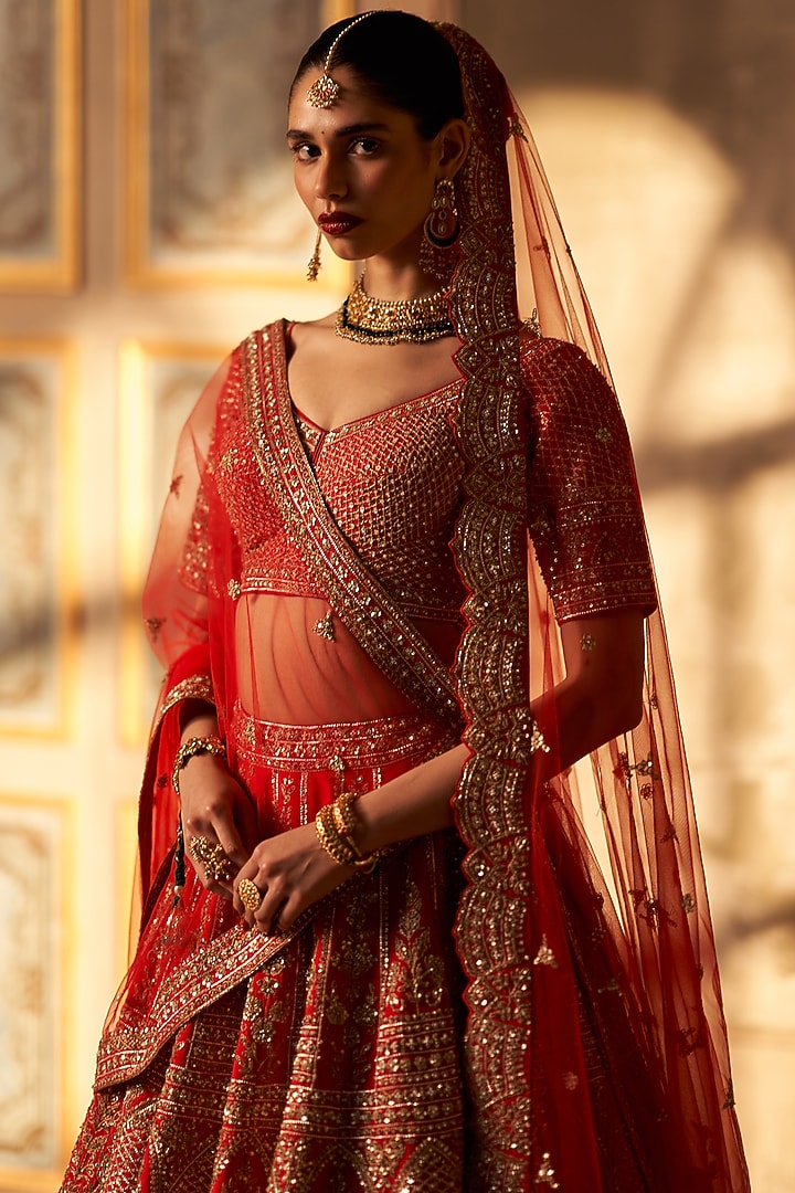 Red Raw Silk Embroidered Bridal Lehenga Set by Angad Singh at Pernia's Pop Up Shop