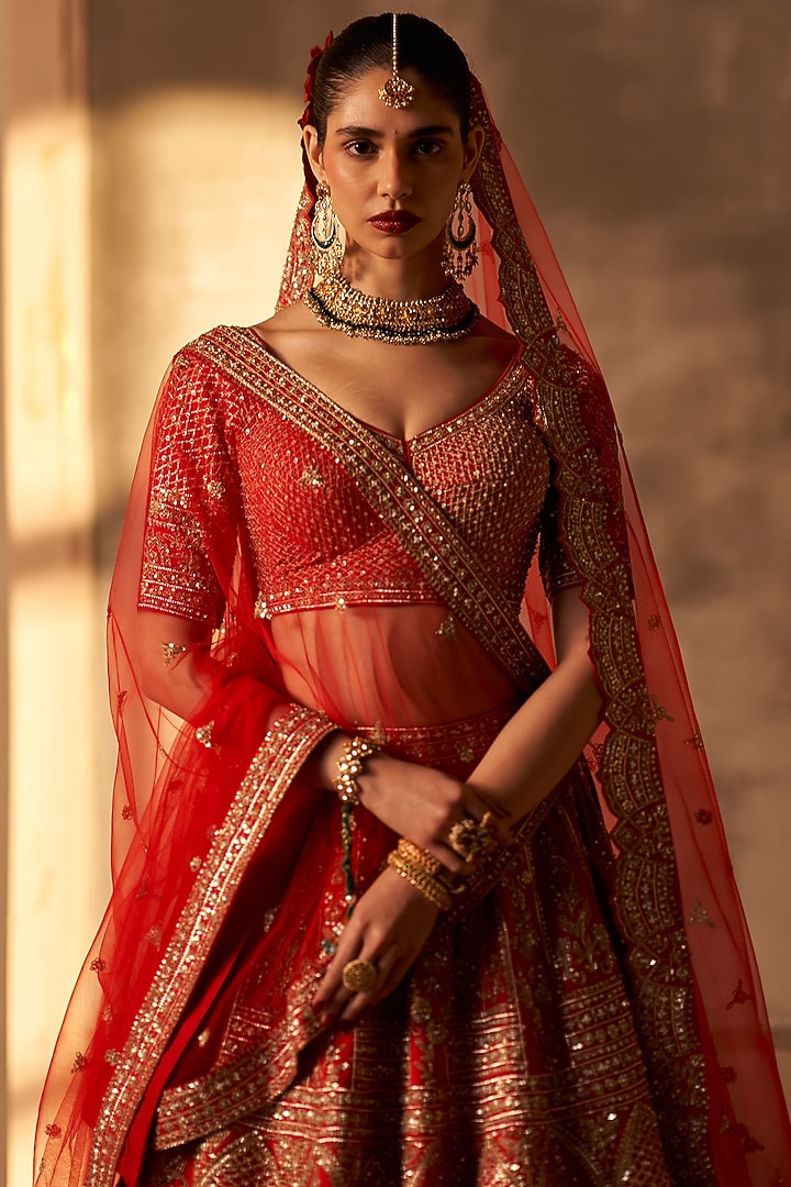 Red Raw Silk Embroidered Bridal Lehenga Set by Angad Singh at Pernia's Pop Up Shop