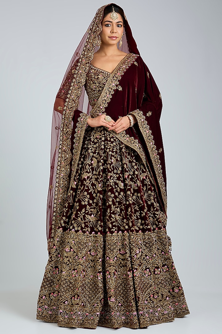 Maroon Velvet Embroidered Wedding Lehenga Set by Angad Singh at Pernia's Pop Up Shop