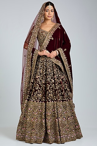 Maroon Velvet Embroidered Lehenga Set by Angad Singh