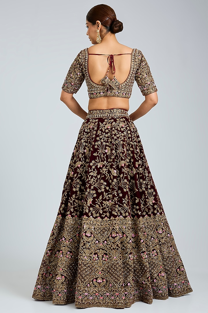 Maroon Velvet Embroidered Wedding Lehenga Set by Angad Singh at Pernia's Pop Up Shop