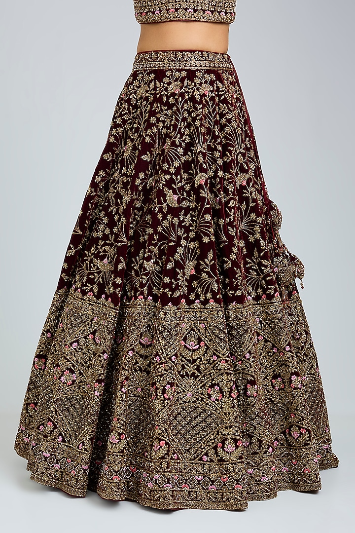 Maroon Velvet Embroidered Wedding Lehenga Set by Angad Singh at Pernia's Pop Up Shop