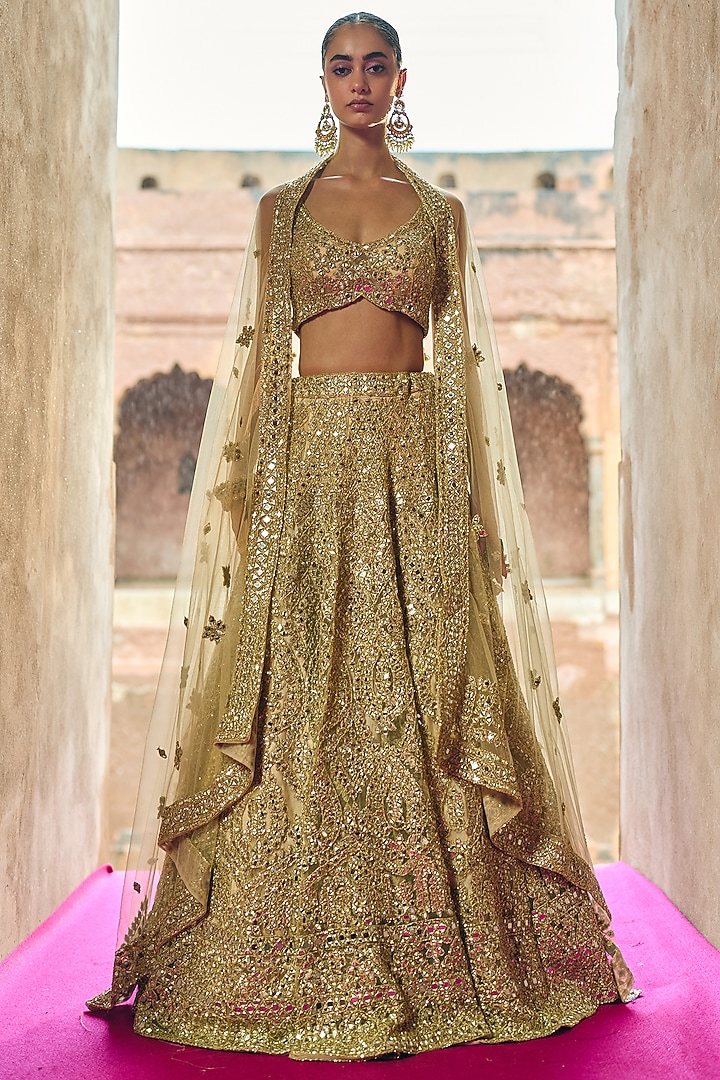 Antique Gold Net Gota Embroidered Bridal Lehenga Set by Angad Singh at Pernia's Pop Up Shop