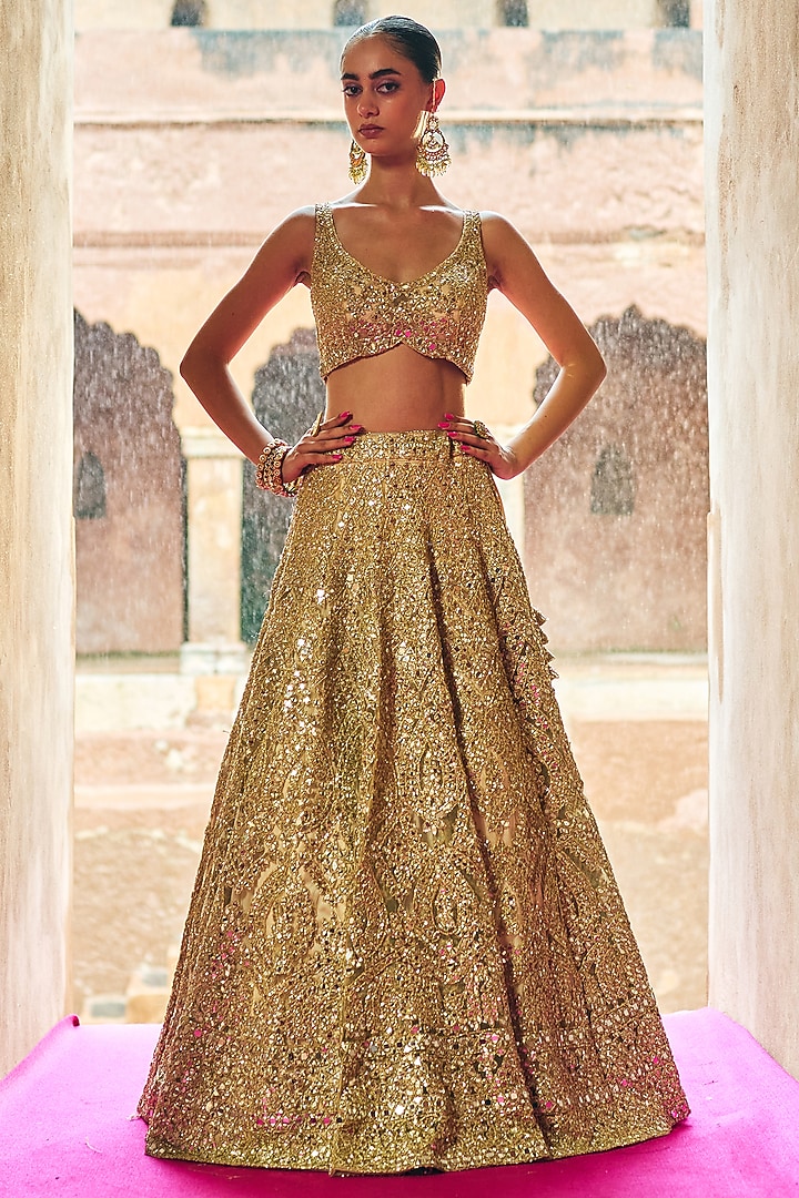 Antique Gold Net Gota Embroidered Bridal Lehenga Set by Angad Singh at Pernia's Pop Up Shop