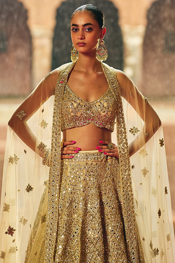Antique Gold Net Gota Embroidered Bridal Lehenga Set by Angad Singh at Pernia's Pop Up Shop