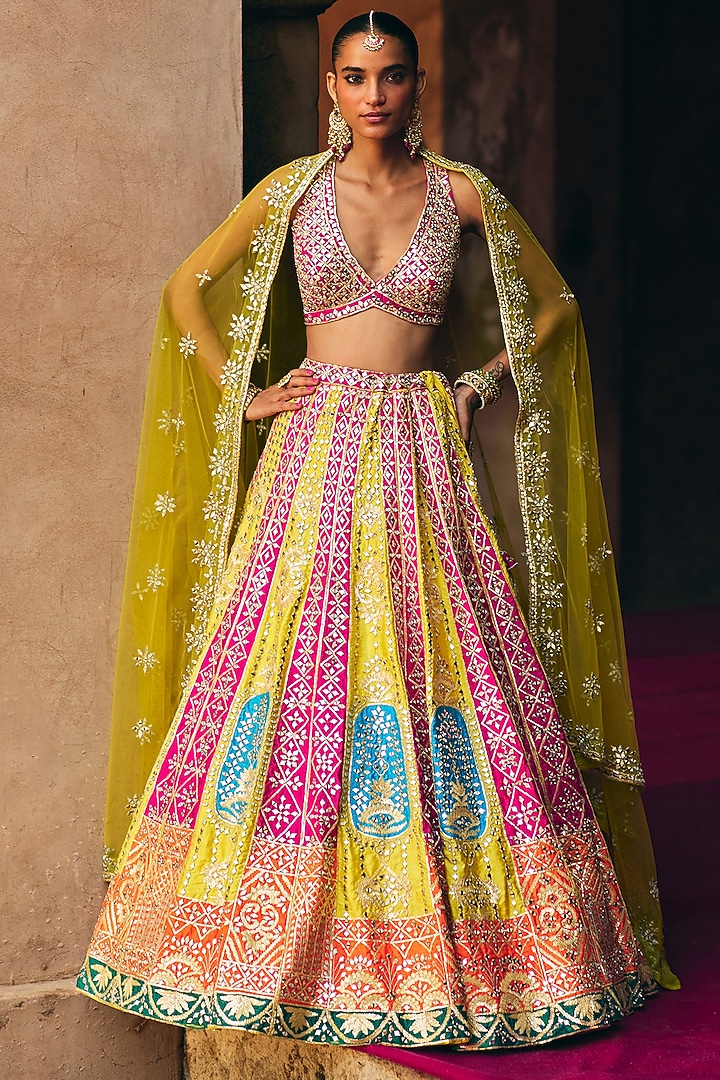 Multi-Colored Raw Silk Gota Embroidered Wedding Lehenga Set by Angad Singh at Pernia's Pop Up Shop