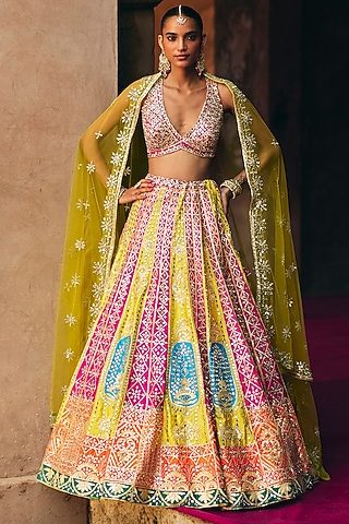 Multi-Colored Raw Silk Gota Embroidered Lehenga Set by Angad Singh