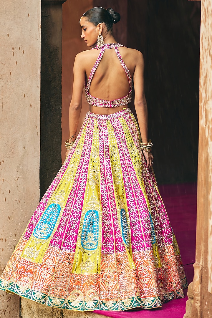 Multi-Colored Raw Silk Gota Embroidered Wedding Lehenga Set by Angad Singh at Pernia's Pop Up Shop
