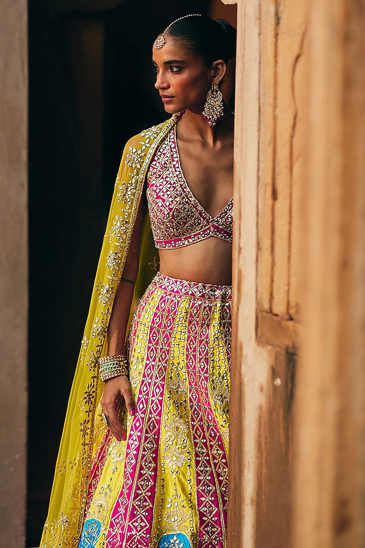 Multi-Colored Raw Silk Gota Embroidered Wedding Lehenga Set by Angad Singh at Pernia's Pop Up Shop