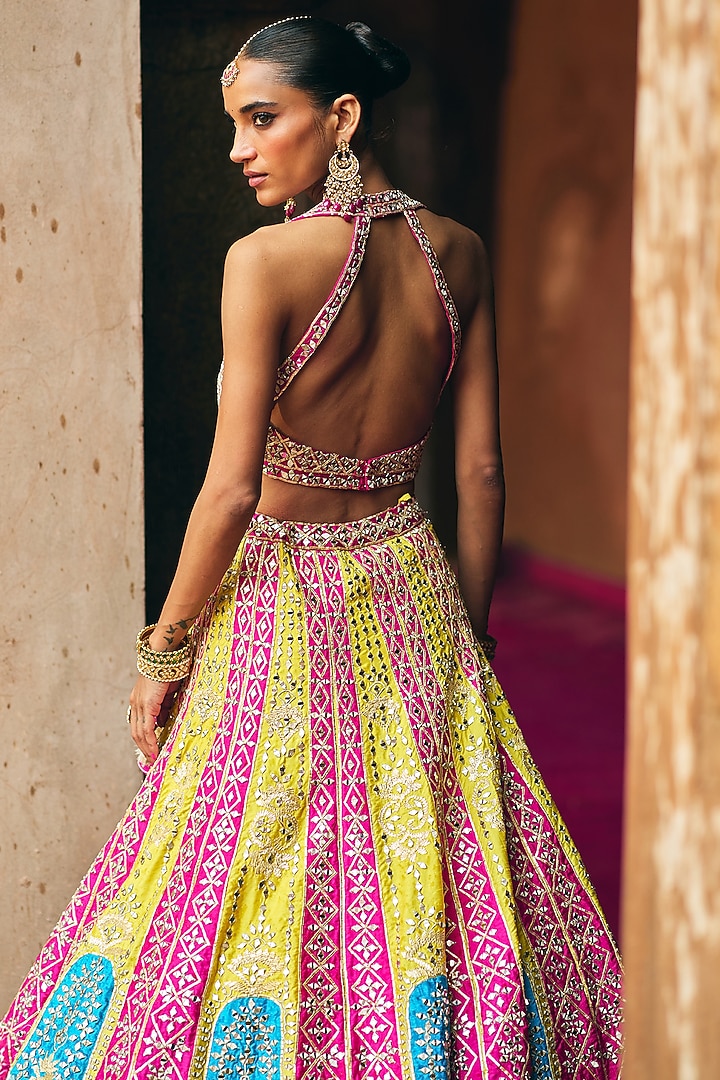 Multi-Colored Raw Silk Gota Embroidered Wedding Lehenga Set by Angad Singh at Pernia's Pop Up Shop