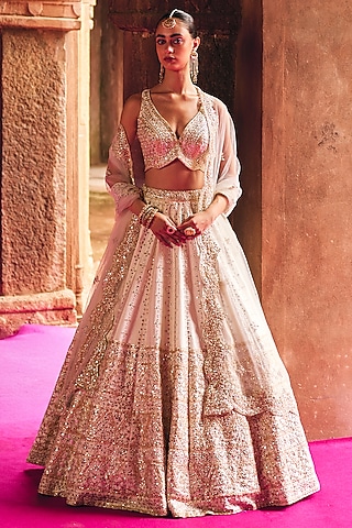 Ivory Raw Silk Mirror Embroidered Lehenga Set by Angad Singh