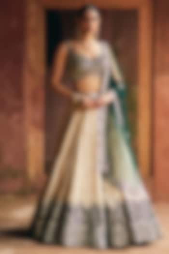 Gold & Green Tissue Mirror Embroidered Wedding Lehenga Set by Angad Singh at Pernia's Pop Up Shop