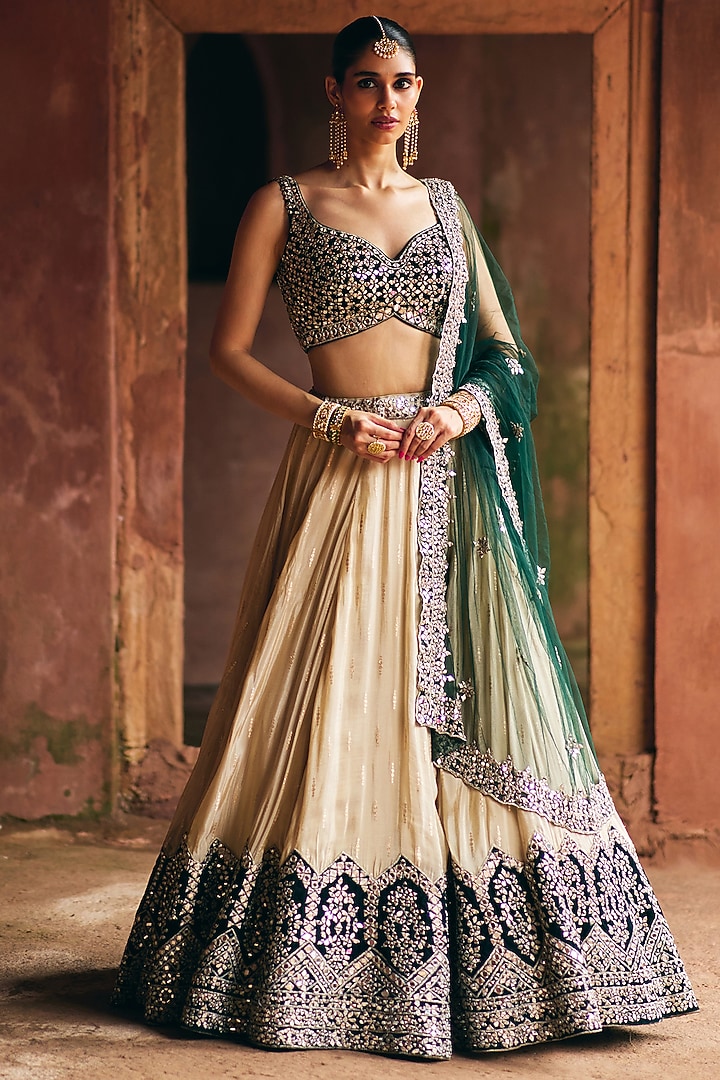 Gold & Green Tissue Mirror Embroidered Wedding Lehenga Set by Angad Singh at Pernia's Pop Up Shop