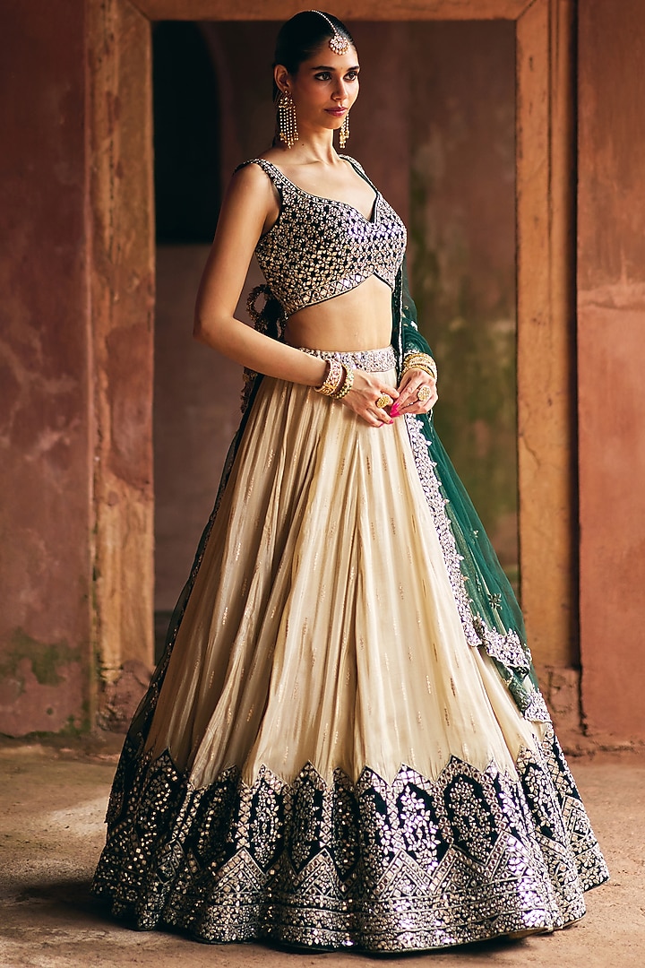 Gold & Green Tissue Mirror Embroidered Wedding Lehenga Set by Angad Singh at Pernia's Pop Up Shop