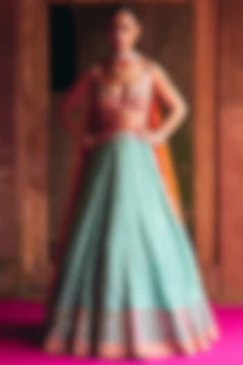 Aqua Tissue Mirror Embroidered Wedding Lehenga Set by Angad Singh at Pernia's Pop Up Shop