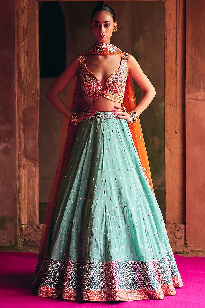 Aqua Tissue Mirror Embroidered Wedding Lehenga Set by Angad Singh at Pernia's Pop Up Shop