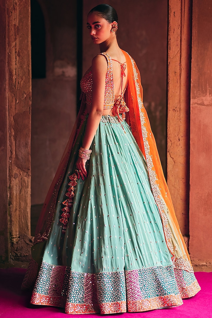 Aqua Tissue Mirror Embroidered Wedding Lehenga Set by Angad Singh at Pernia's Pop Up Shop