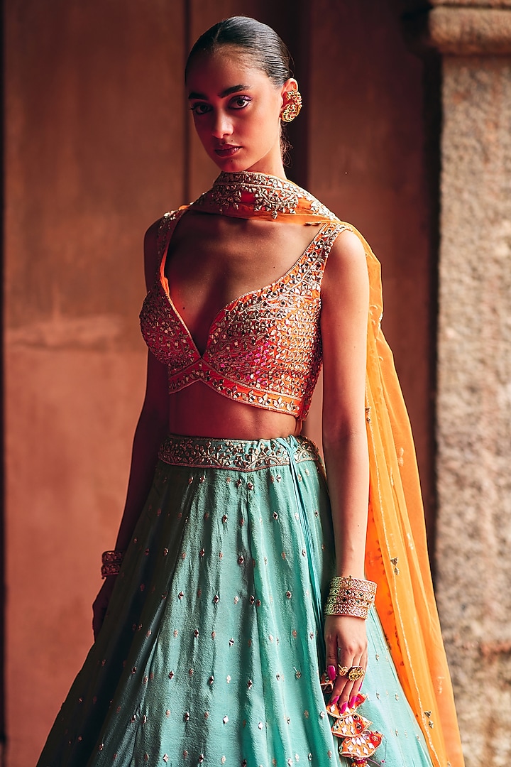 Aqua Tissue Mirror Embroidered Wedding Lehenga Set by Angad Singh at Pernia's Pop Up Shop