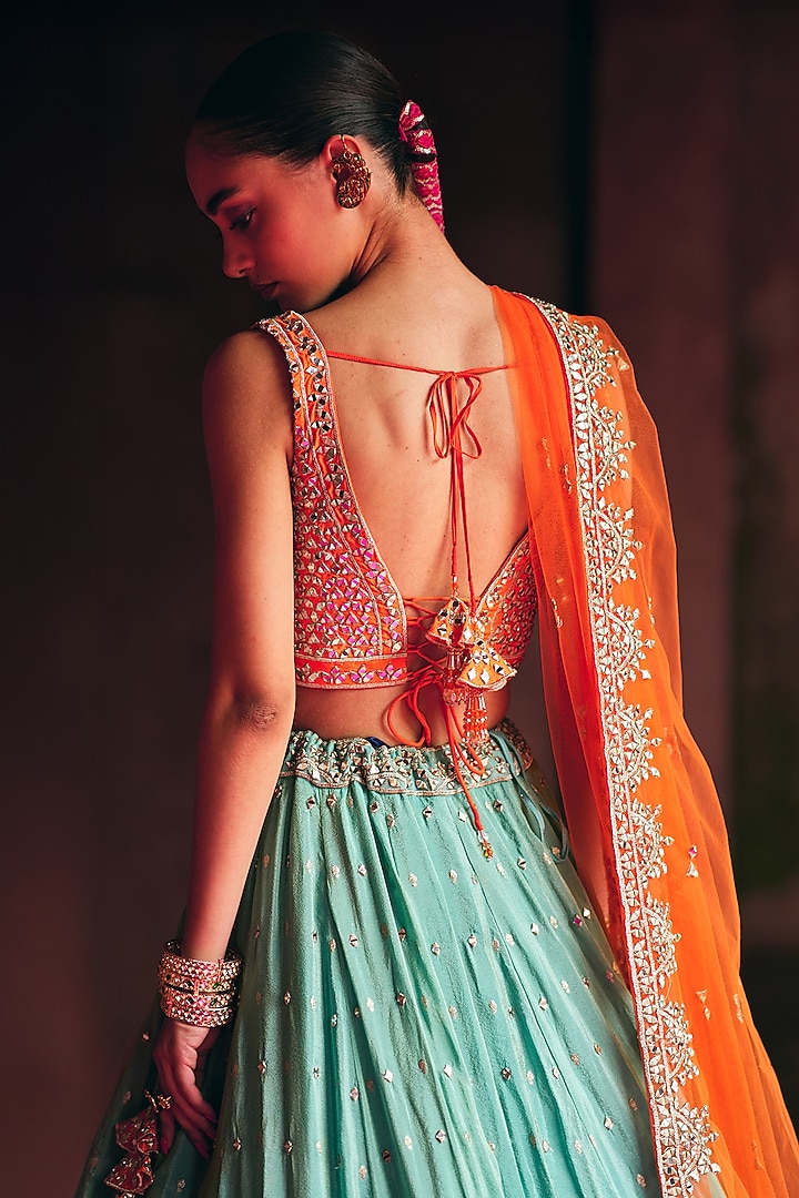 Aqua Tissue Mirror Embroidered Wedding Lehenga Set by Angad Singh at Pernia's Pop Up Shop