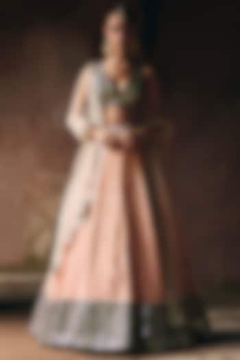 Peach Tissue Wedding Lehenga Set by Angad Singh at Pernia's Pop Up Shop