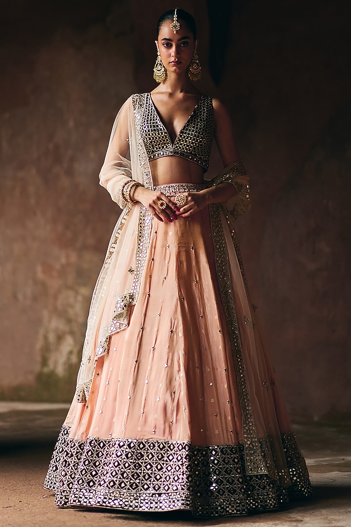 Peach Tissue Wedding Lehenga Set by Angad Singh at Pernia's Pop Up Shop