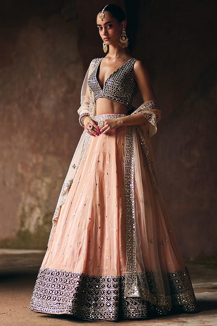 Peach Tissue Wedding Lehenga Set by Angad Singh at Pernia's Pop Up Shop