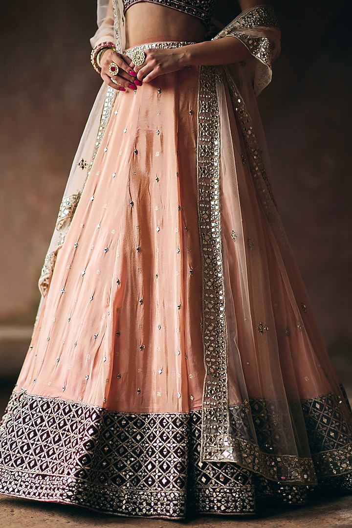 Peach Tissue Wedding Lehenga Set by Angad Singh at Pernia's Pop Up Shop