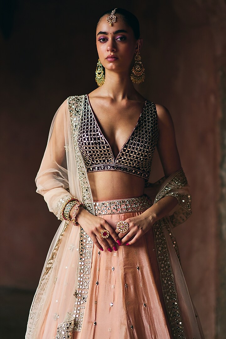 Peach Tissue Wedding Lehenga Set by Angad Singh at Pernia's Pop Up Shop