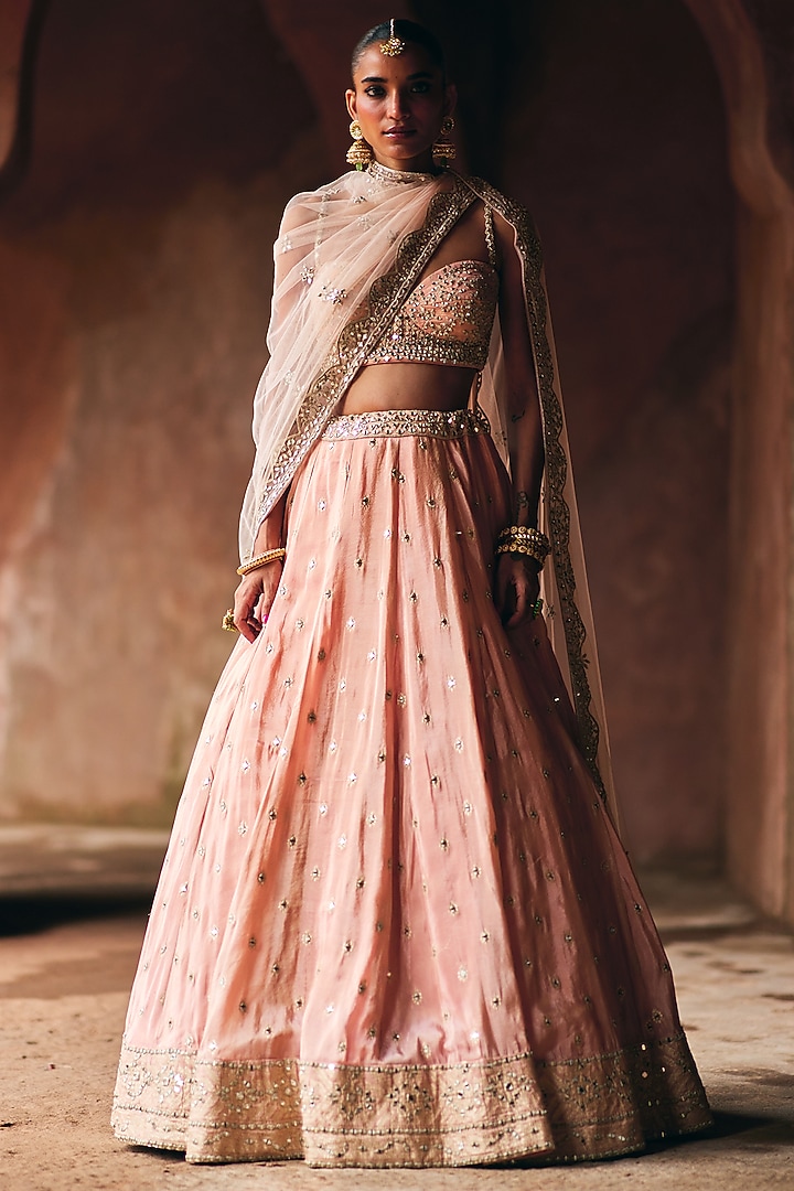 Dusty Peach Banarasi Tissue Gota Embroidered Wedding Lehenga Set by Angad Singh at Pernia's Pop Up Shop