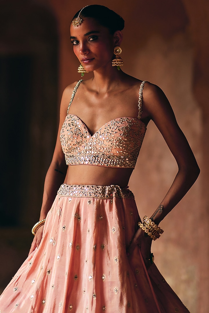 Dusty Peach Banarasi Tissue Gota Embroidered Wedding Lehenga Set by Angad Singh at Pernia's Pop Up Shop
