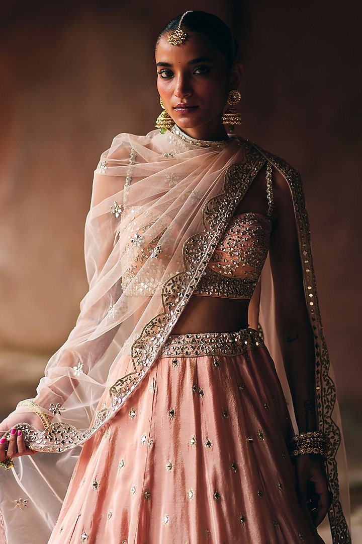 Dusty Peach Banarasi Tissue Gota Embroidered Wedding Lehenga Set by Angad Singh at Pernia's Pop Up Shop