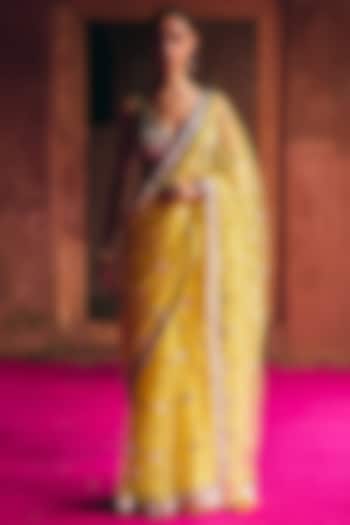 Yellow Net Mirror Embroidered Wedding Saree Set by Angad Singh at Pernia's Pop Up Shop